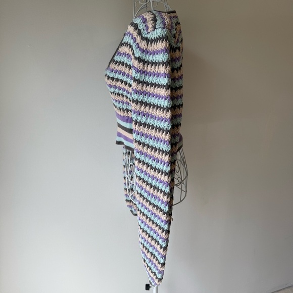 Zara striped crochet knit cropped sweater top ballon long sleeve cotton L V Neck - Picture 3 of 8